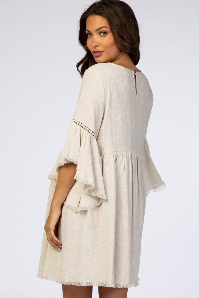 Beige Raw Edge Bell Sleeve Babydoll Maternity Dress