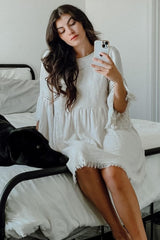 Beige Raw Edge Bell Sleeve Babydoll Maternity Dress