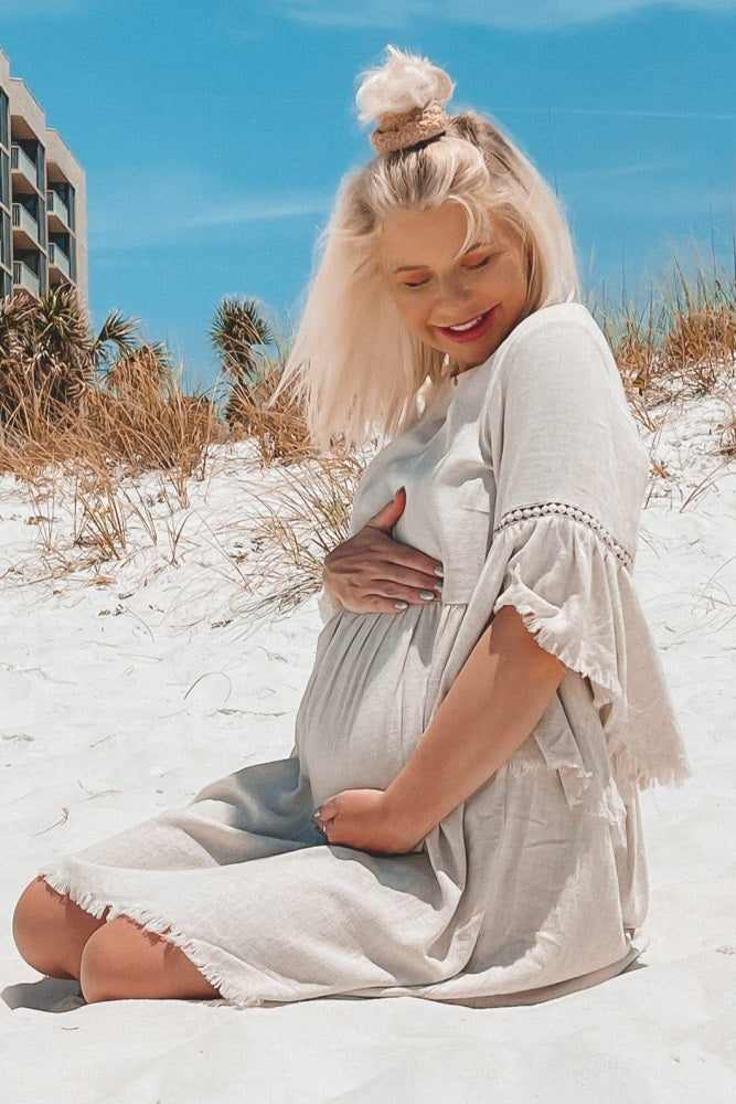 Beige Raw Edge Bell Sleeve Babydoll Maternity Dress