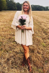 Beige Raw Edge Bell Sleeve Babydoll Dress