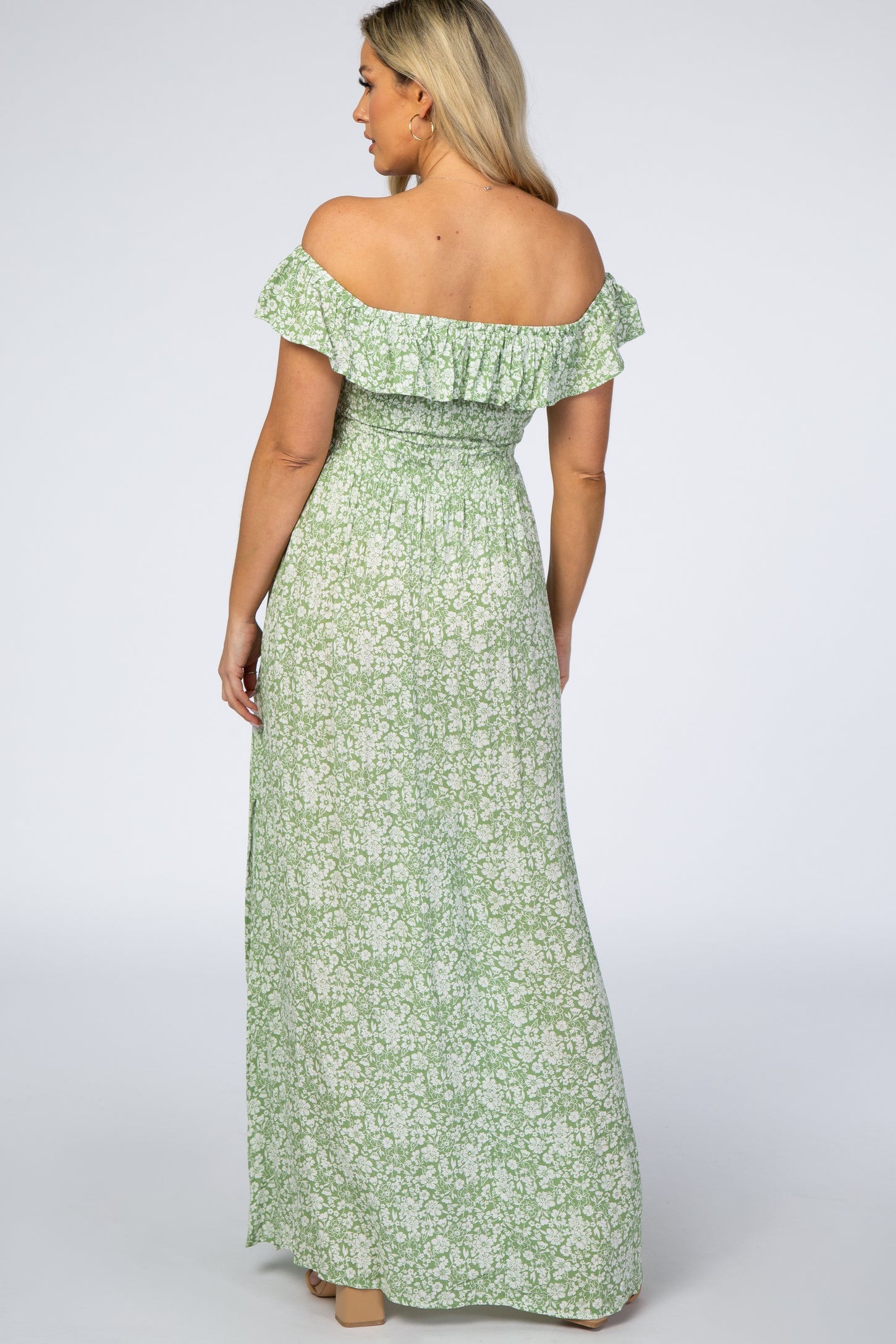 Green Floral Ruffle Off Shoulder Maternity Maxi Dress