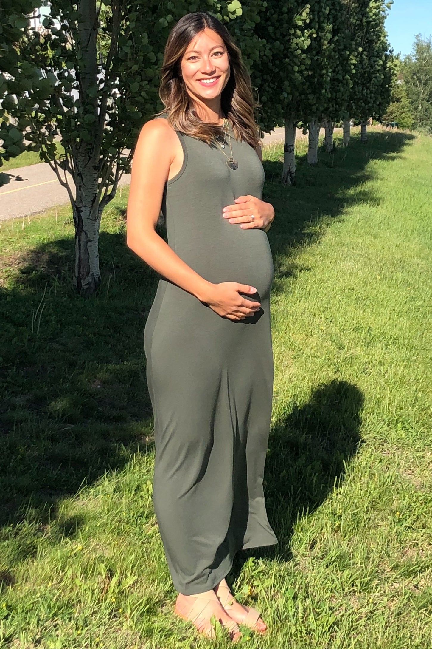 Olive Side Slit Maternity Maxi Dress