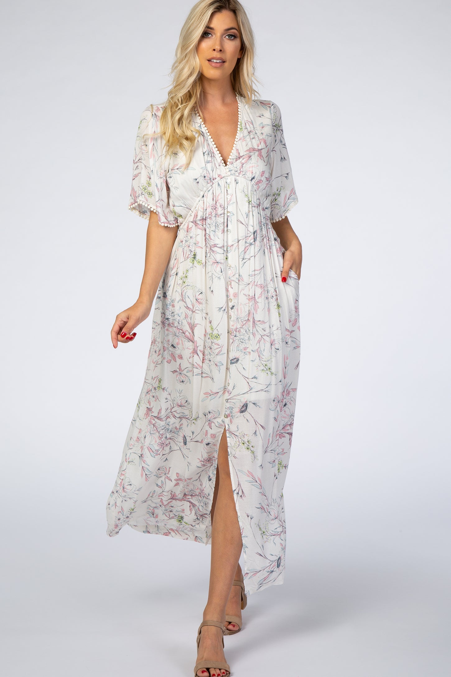 Ivory Floral Button Front Maternity Maxi Dress