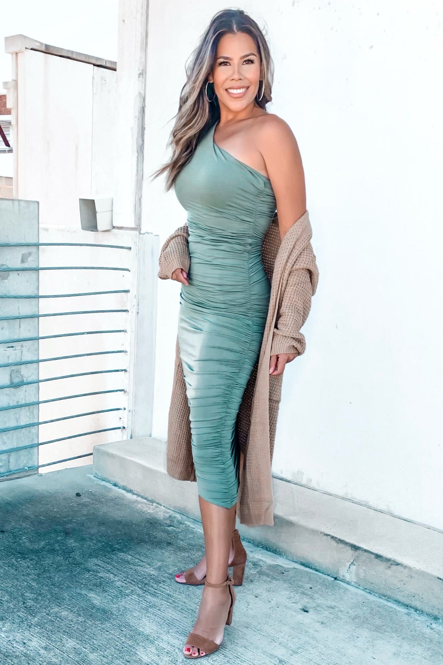 PinkBlush Olive Ruched One Shoulder Dress