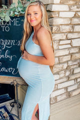 Light Blue One Shoulder Fitted Maternity Midi Dress