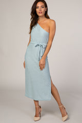 Light Blue One Shoulder Fitted Midi Dress