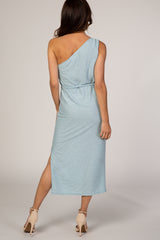 Light Blue One Shoulder Fitted Midi Dress