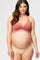 woman wearing a dusty rose maternity bra with lace detail and showing her baby bump
