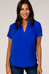 Blue Solid Chiffon V-Neck Maternity Top