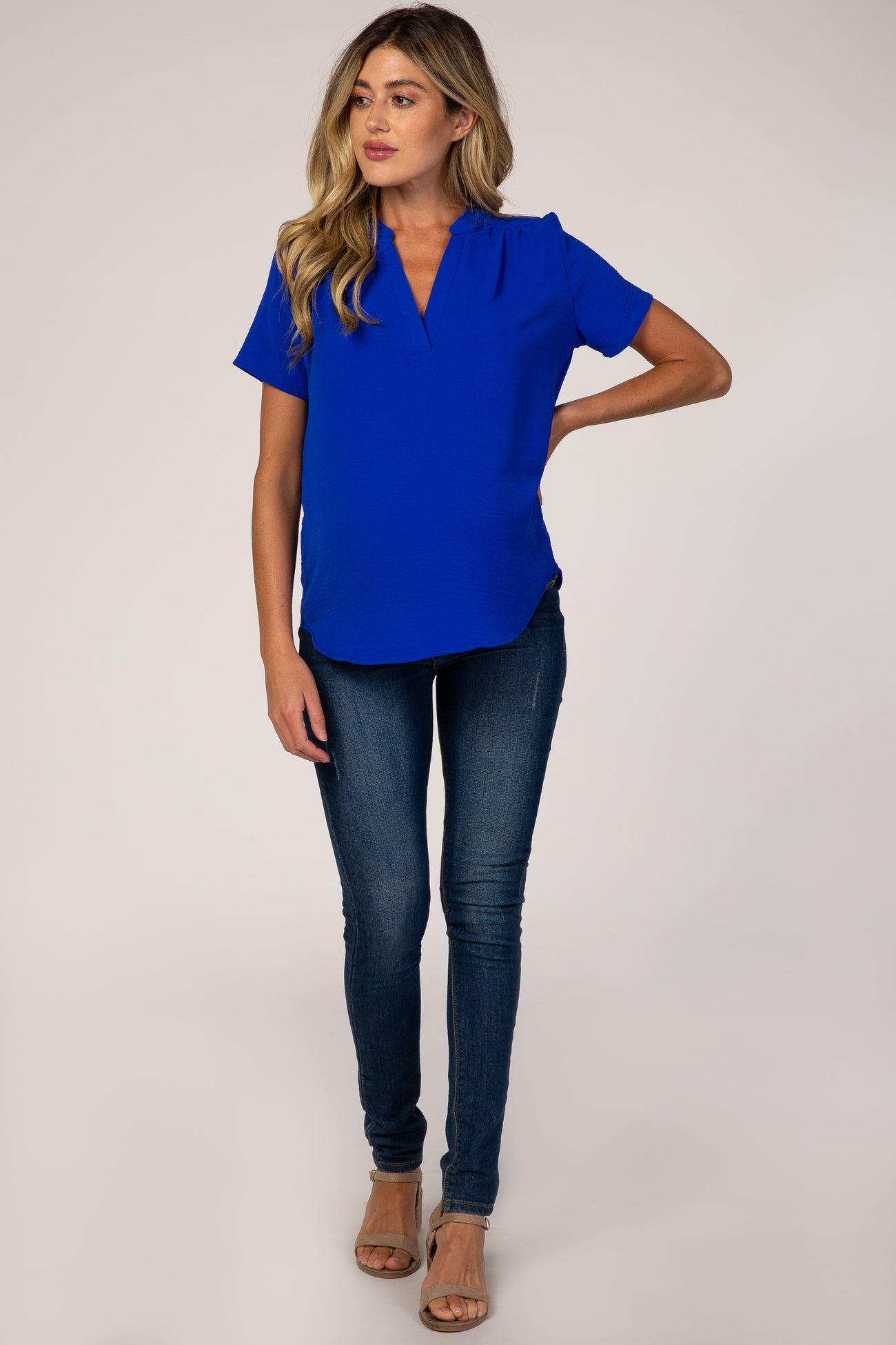 Blue Solid Chiffon V-Neck Maternity Top