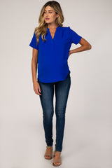 Blue Solid Chiffon V-Neck Maternity Top
