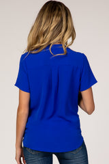 Blue Solid Chiffon V-Neck Maternity Top