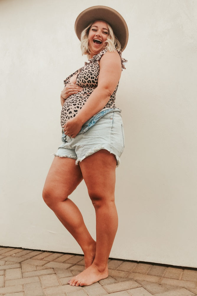 Beige Animal Print Ruffle Maternity One-Piece Swimsuit