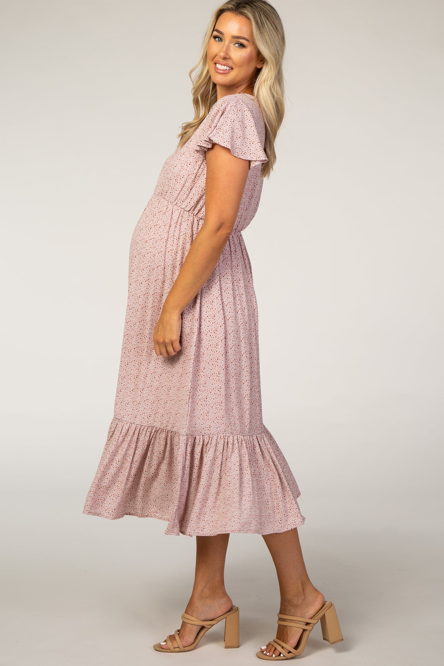 Pink Dot Print Ruffle Maternity Midi Dress