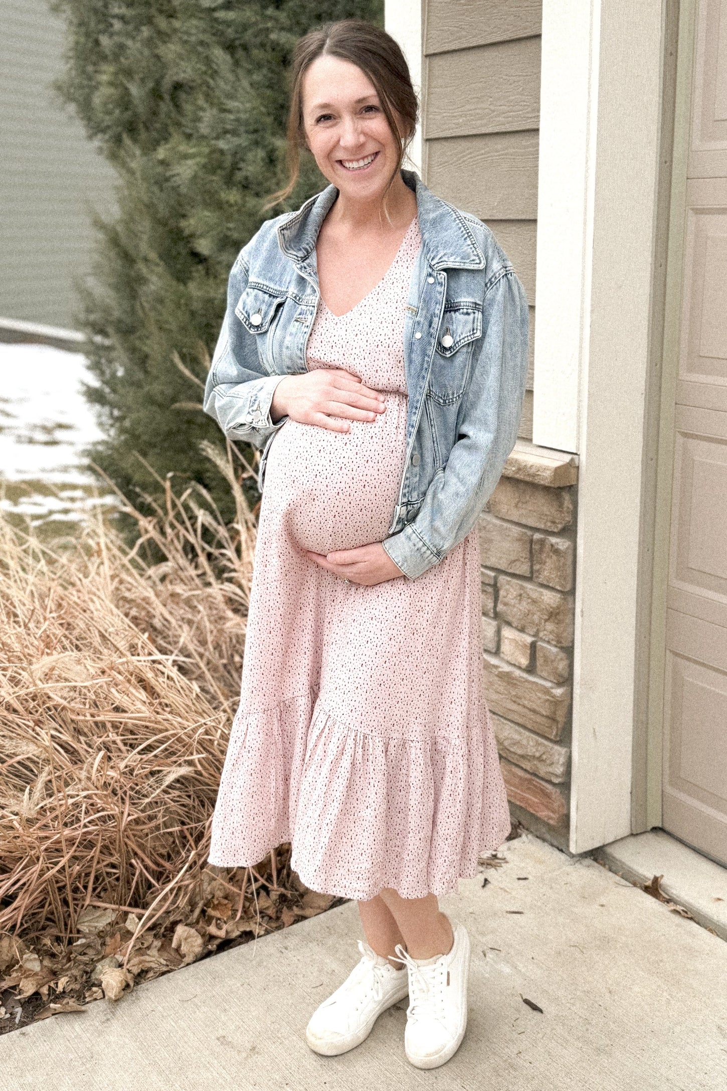 Pink Dot Print Ruffle Maternity Midi Dress