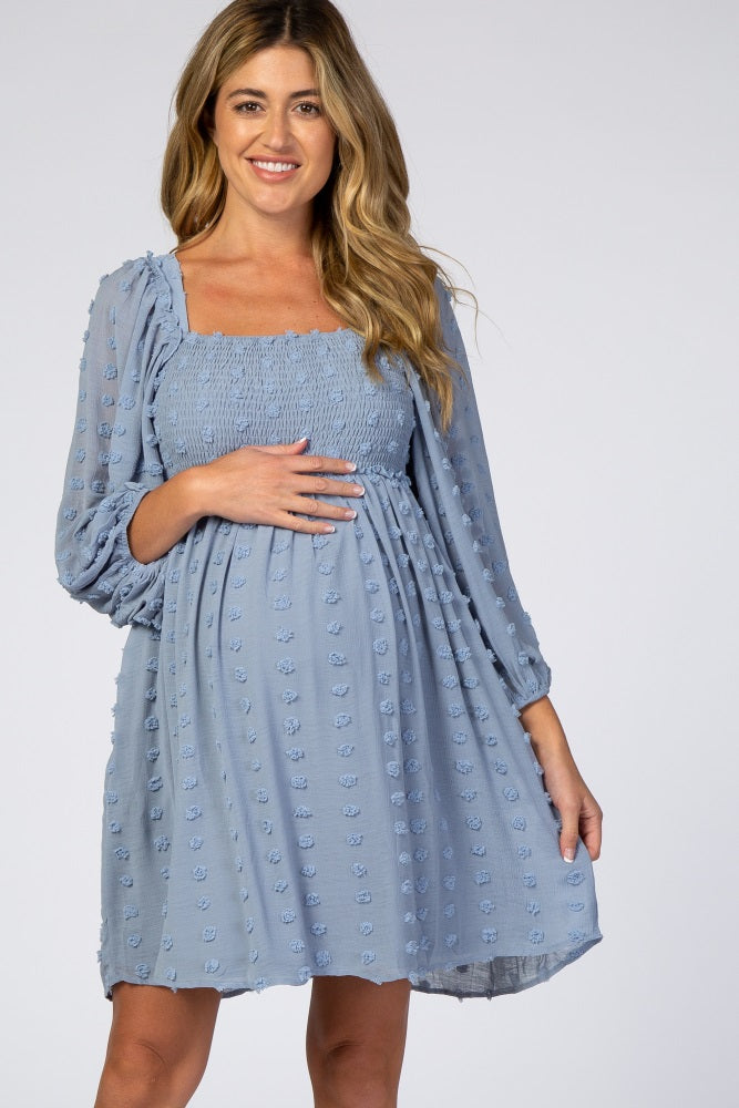Light Blue Textured Dot Smocked Square Neck Chiffon Maternity Dress
