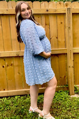 Light Blue Textured Dot Smocked Square Neck Chiffon Maternity Dress
