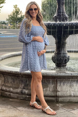 Light Blue Textured Dot Smocked Square Neck Chiffon Maternity Dress