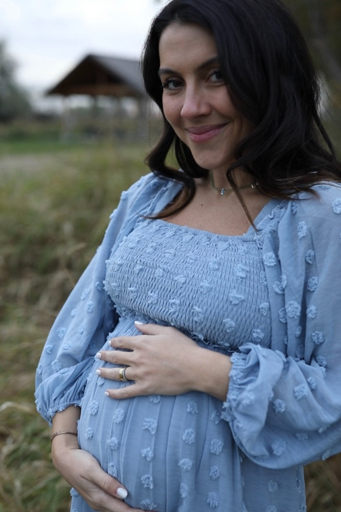 Light Blue Textured Dot Smocked Square Neck Chiffon Maternity Dress