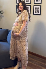 Beige Floral Pleated Short Sleeve Chiffon Maternity Midi Dress