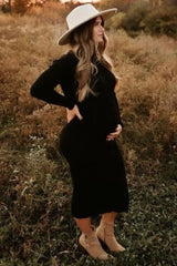 Black Ribbed Fitted Mock Neck Long Sleeve Maternity Midi Dress