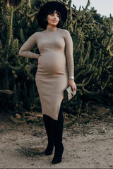 Taupe Ribbed Fitted Mock Neck Long Sleeve Maternity Midi Dress