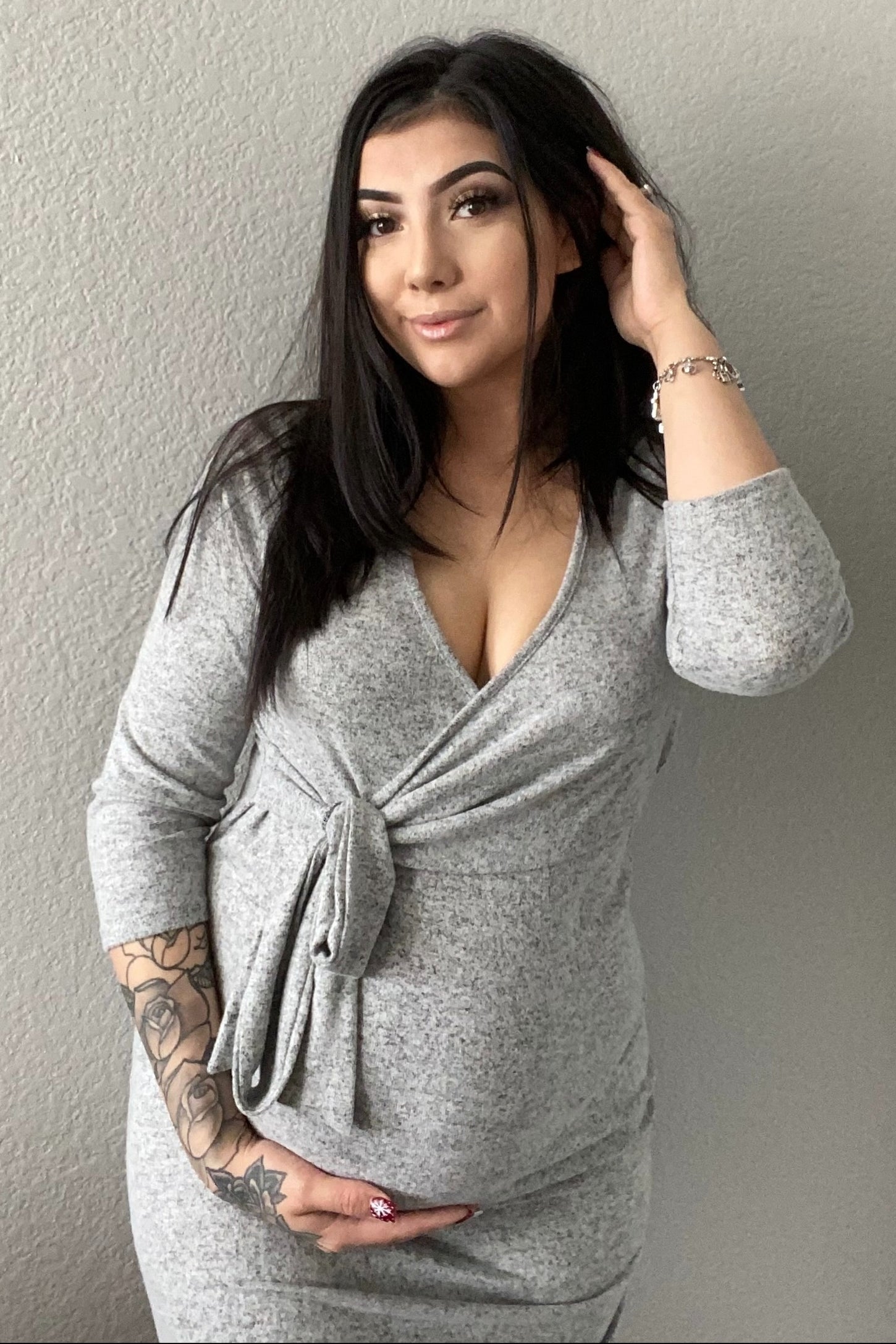 Heather Grey Brushed Knit Wrap Fitted Maternity/Nursing Dress