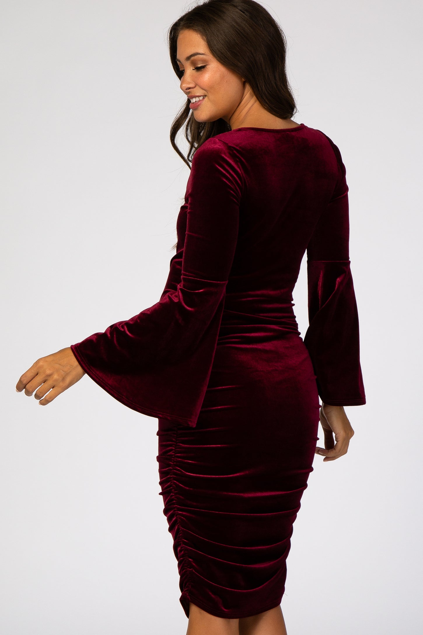 Burgundy Velvet Ruched Bell Sleeve Maternity Dress