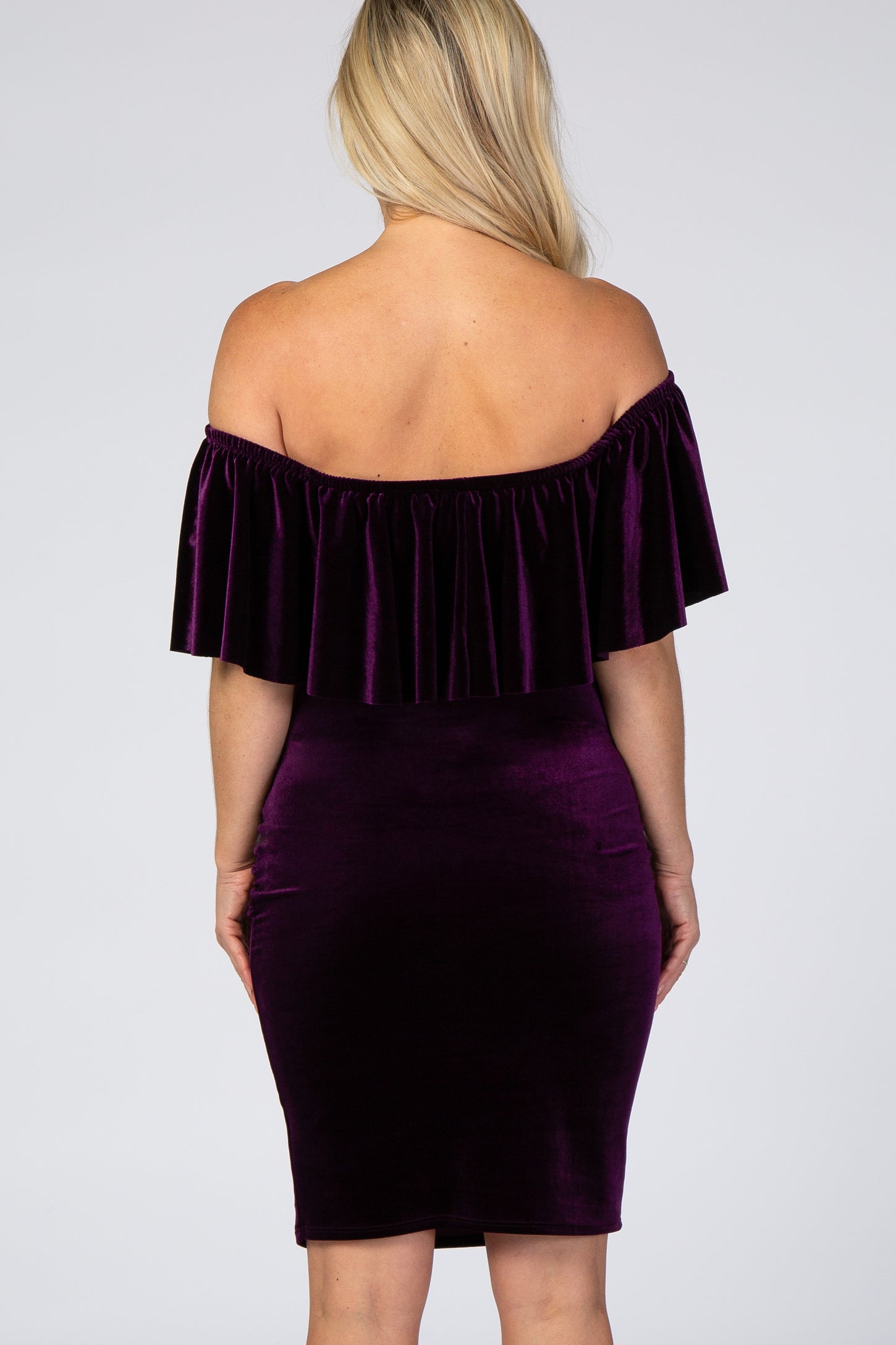 Purple Velvet Off Shoulder Fitted Maternity Dress