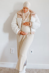 Beige V-Neck Ribbed Maternity Sweater Dress