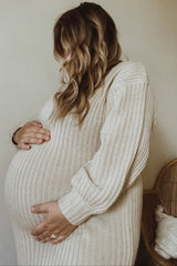Beige V-Neck Ribbed Maternity Sweater Dress