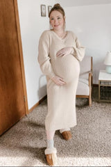 Beige V-Neck Ribbed Maternity Sweater Dress