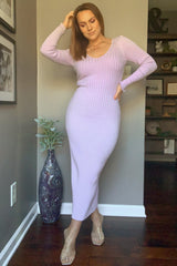 Lavender V-Neck Long Sleeve Fitted Maxi Dress