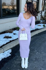 Lavender V-Neck Long Sleeve Fitted Maxi Dress