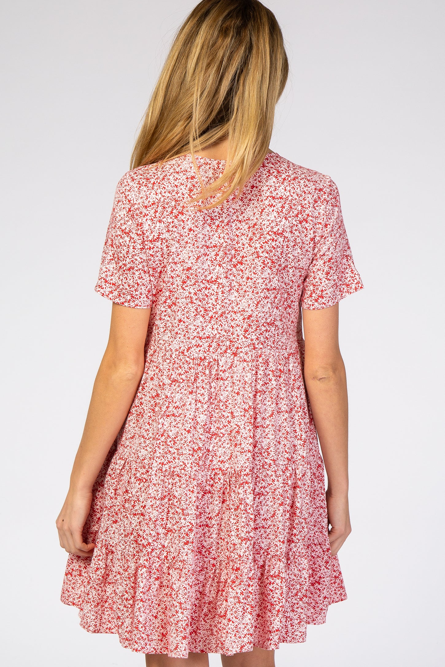 Red Floral Ruffle Tiered Button Front Maternity Dress