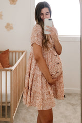 Orange Floral Ruffle Tiered Button Front Maternity Dress