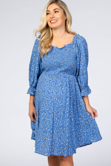 Blue Floral Smocked Maternity Dress