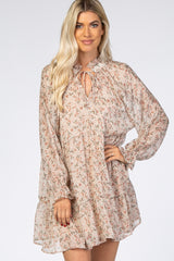 Cream Floral Chiffon Ruffle Hem Dress