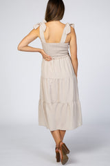 Beige Bow Strap Tiered Maternity Midi Dress