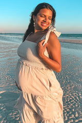 Beige Bow Strap Tiered Maternity Midi Dress