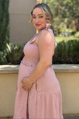 Mauve Bow Strap Tiered Maternity Midi Dress