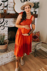 Rust Bow Strap Tiered Maternity Midi Dress