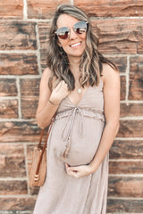 Light Mocha Dot Print V-Neck Maternity Midi Dress