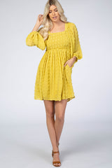 Yellow Textured Dot Smocked Square Neck Chiffon Maternity Dress