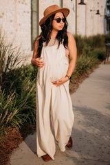 Beige Linen Maternity Overalls