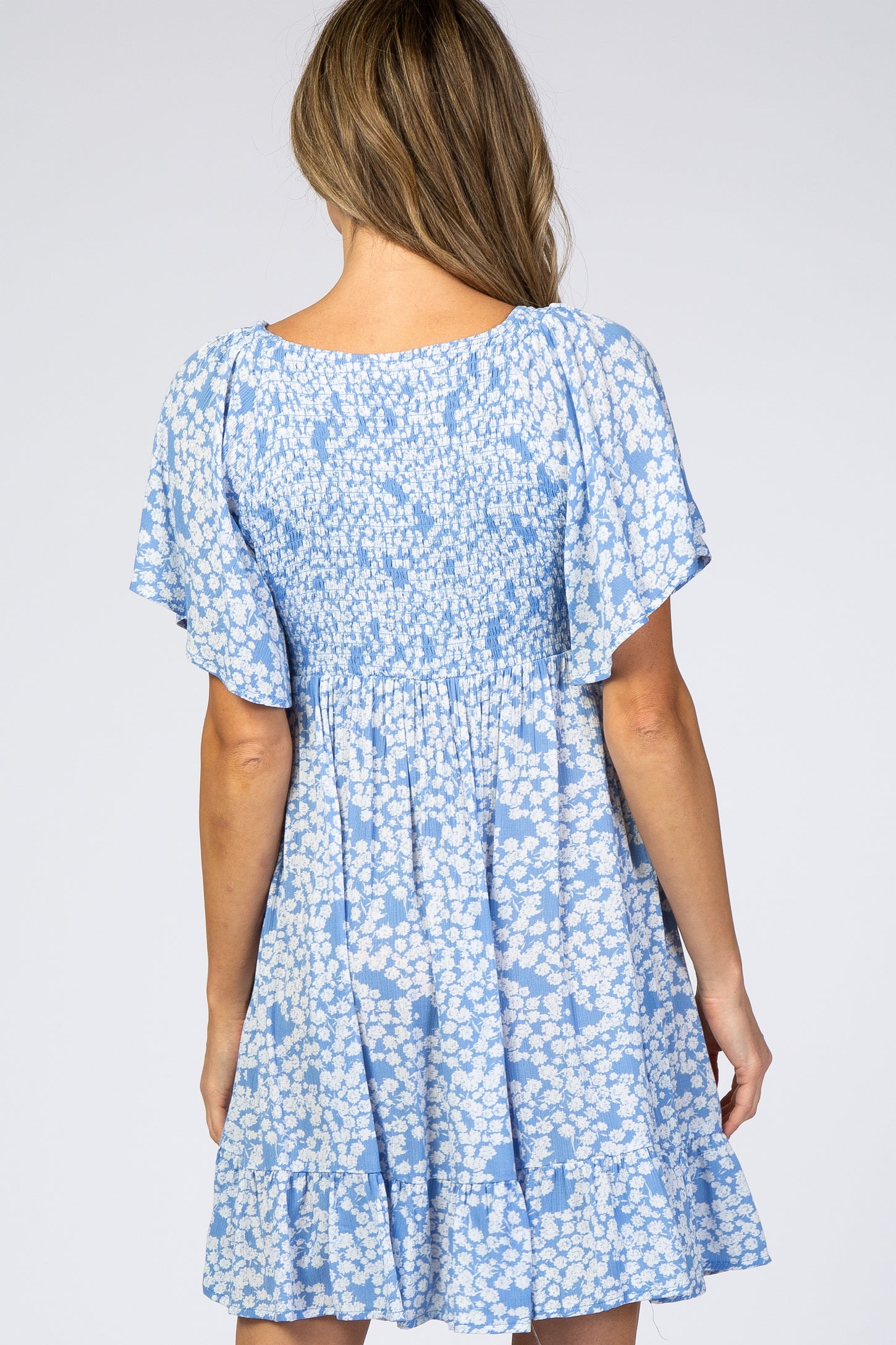 Blue Floral Smocked Ruffle Dress