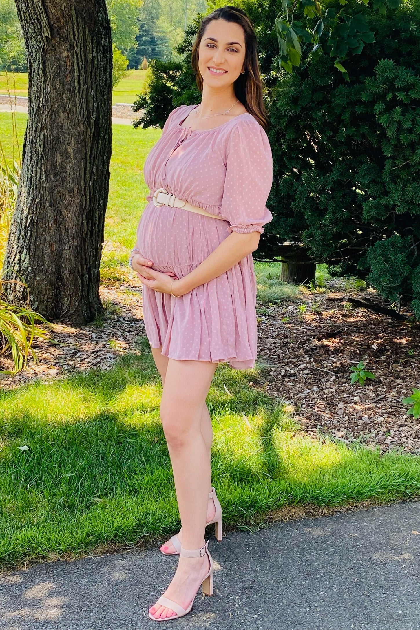 Mauve Chiffon Swiss Dot Tiered Maternity Dress