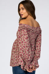 Mauve Floral Off Shoulder Long Sleeve Maternity Top