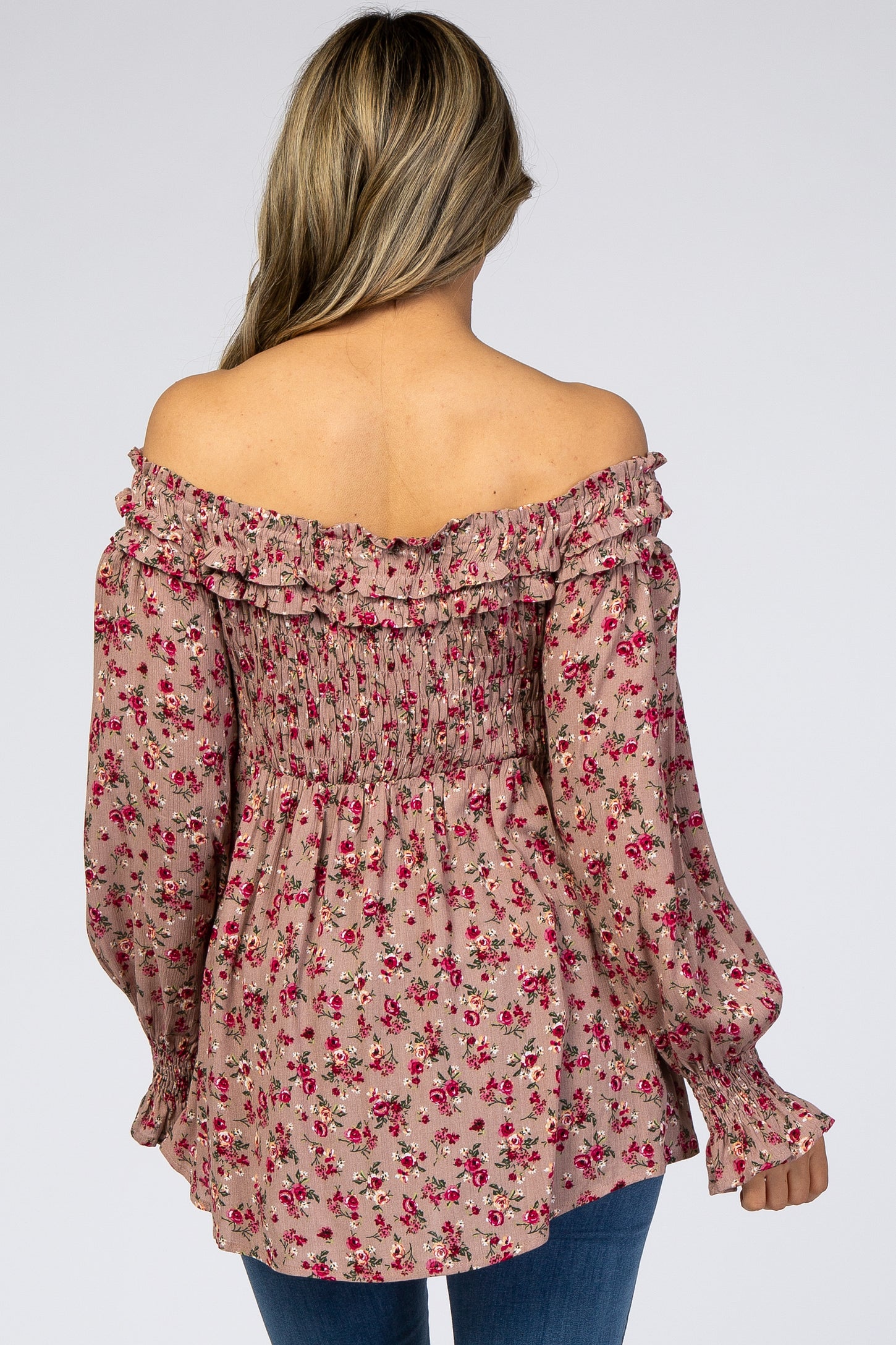 Mauve Floral Off Shoulder Long Sleeve Top