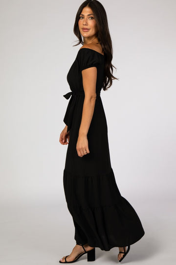 Black Off Shoulder Ruffle Hem Maxi Dress